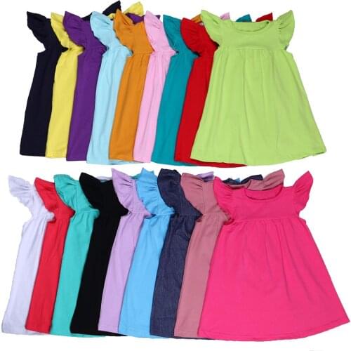 100% cotton summer simple solid color toddler flutter sleeve little baby girls pearls dress