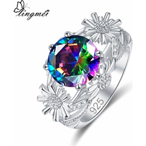 Lingmei Dropshiping Birthstone Fashion Jewelry Round Cut Multi & Red Zircon Ring Sterling Silver Color Jewelry Size 6 7 8 9