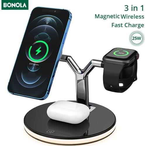 Bonola 15W 3 In 1 Wireless Chager for iPhone 12S/12Pro iWatch Airpods Pro Magnetic Fast Charging Station Dock Stand Touch Light