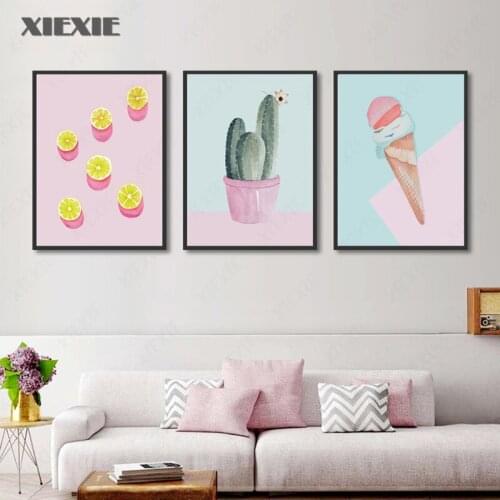 Lovely Pink Cactus Wall Canvas Painting for Living Room Cartoon Nordic Style Ice Cream Poster Kids Room Nursery Decoration
