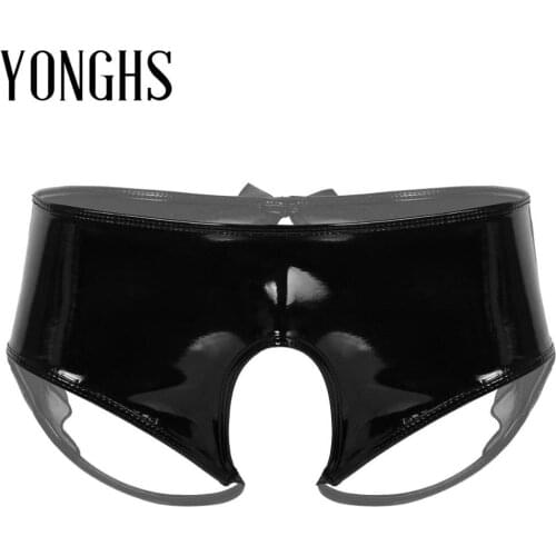 Mens Sissy Sex Underwear Wet Look Patent Leather Lingerie Open Crotch with Sheer Organza Trim Sissy Hot Briefs Underwear Panties