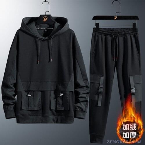 Mens autumn and winter plus velvet thick big pocket sweater and pants suit plus fat plus size hooded casual 2-piece set 140kg8x