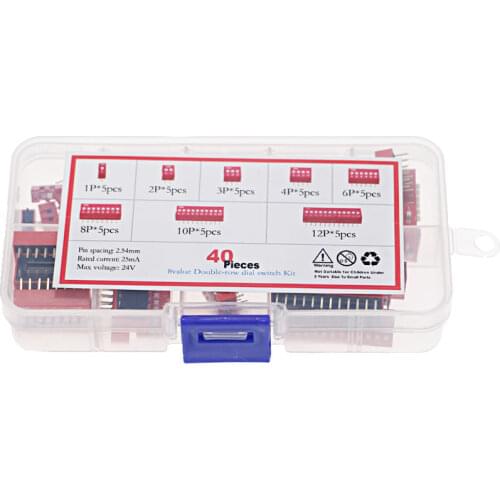 40pcs Dip Switch Kit In Box 1 2 3 4 6 8 10 12 Way 2.54mm Toggle Switch Red Snap Switches Mixed Kit Combination Set