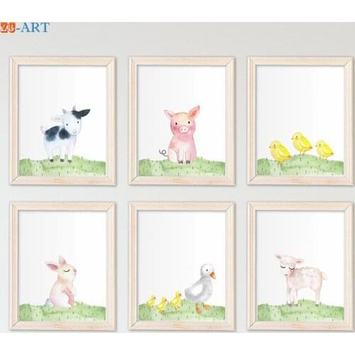 Baby Nursery Canvas Wall Art Cute Farm Animals Rabbit Pig Chick Decoration Painting for Kids Bedroom Unisex Room Decor Picture