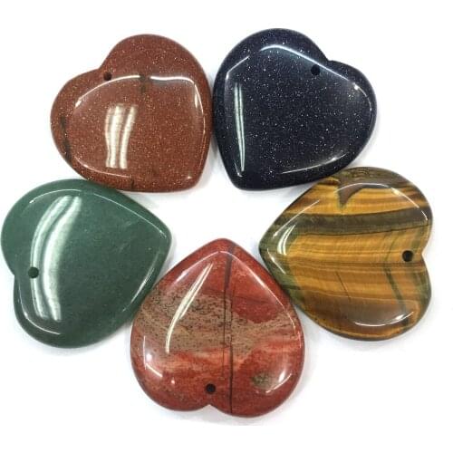 Natural Agates Pendant Heart Shaped Tiger Eye Stone Green Aventurines Pendant Charms for Making DIY Jewelry Necklace Size 40mm