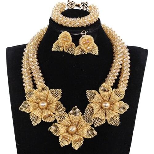 New Champagne Gold Chunky Flowers Crystal Bridal Jewelry Sets Indian African Nigerian Wedding Necklace Set Free Shipping WE166
