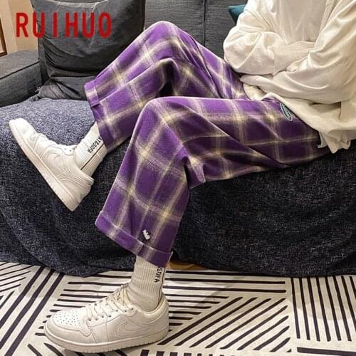 RUIHUO Casual Mens Plaid Pants Harajuku Mens Clothing Purple Checkered Pants Korean Style Checked Trousers Ankle-Length 2021