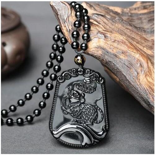 Drop Shipping Natural Black Obsidian Zodiac Necklace Pendant 12 Symbolic Animals Lucky Amulet For Women Men Jewelry Energy Stone