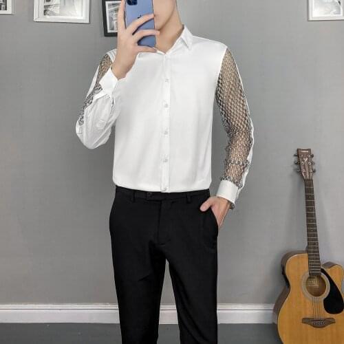 Hot Sale Camisa Masculina Fashion Autumn New Sexy Hollow Long Sleeve Shirts Men Clothing Simple Slim Fit Casual Chemise Homme