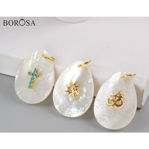BOROSA Teardrop High Quality Natural White Shell Slice With Multi-shape Rainbow Zircon Charm Pendant Necklaces Earrings G1803