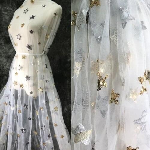 Mesh Embroidery Star Sequin Lace Fabric Wedding Dress Children Clothes Veil Curtain Accessories 130CM Wide