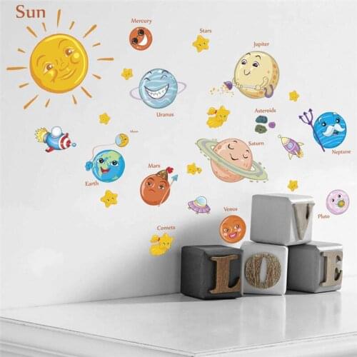 Solar System Cartoon Planet Spaceship Wall Stickers For Kids Room Bathroom Decoration Boys Nursery Mural Art Diy Pvc Home Decal
