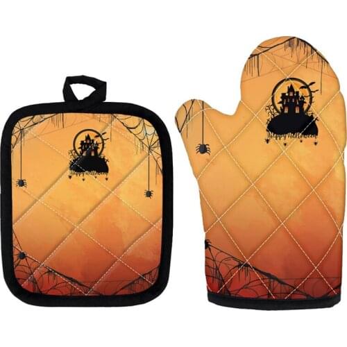 Halloween Stylish Home Baking Gloves Spider Web Printed Kitchen Microwave Cooking Protection Gloves Anti Slip Mitt Pad 2 in1 Set