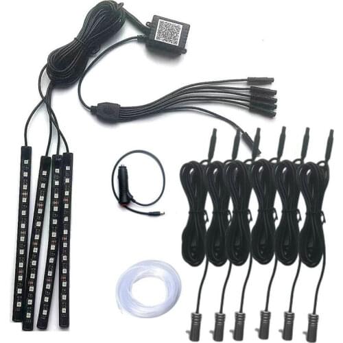 6 in 1 RGB LED Car Interior Decor Atmosphere Light Strip Moulding Lamp Optic Fiber Side glow App Smart Phone control 8M T-Cable
