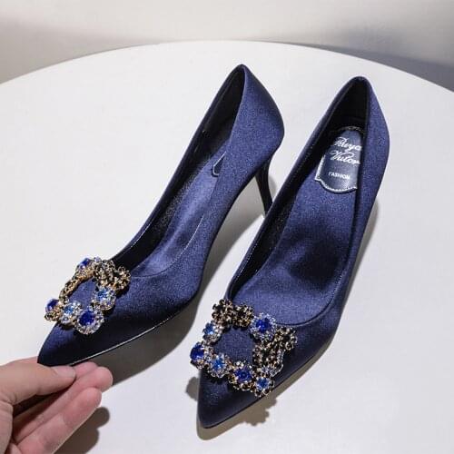 New Rhinestone Square Buckle Pointed Toe Pumps Women Stiletto High Heels Shoes Ladies Wedding Shoes Women Femmes Chaussures