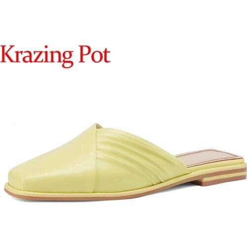 Krazing pot genuine leather round toe low heel shallow high fashion simple style gladiator solid slip on women sandals shoes L09