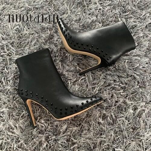 Sexy Ankle Boots For Women Shoes Fashion Rivet Black Boots Women Zip High Heels Short Boots Winter Autumn Large Size 35-42
