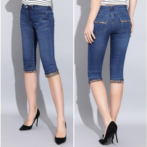 Female Ladies Stretch Jeans Capri Knee Length Summer Leopard Print Jeans Woman Women Skinny Leopard Capris Jeans