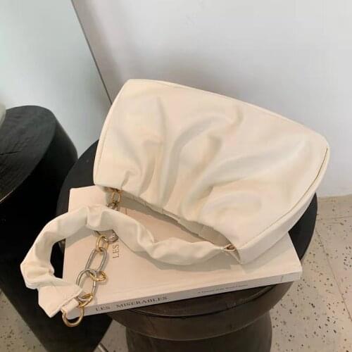 Pleated Ruched Shoulder Bags For Women Bolsa Feminina Solid Color 2021 Ins All-Match Office Advanced Chain Decoration PU Handbag