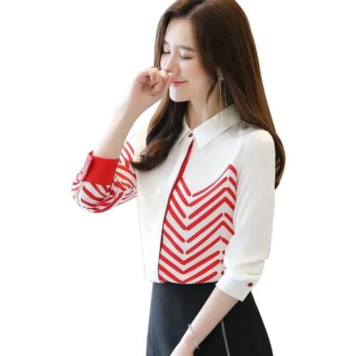 Womens Tops and Blouses Chiffon Female Blouse Long Sleeve Printed White Shirt Top Blusas