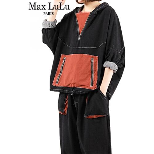 Max LuLu British Fall Zipper Black Hooded Two Pieces Sets Women Loose Harajuku Hoodies Female Punk Tops And Pants Casual Outfits