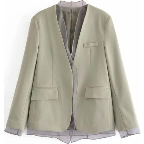 XIKOM 2021 Women Green V Neck mesh Pockets Loose Blazer Coat Female Office Lady Streetwear Vintage Chic Tops