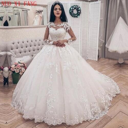 Elegant Lace Applique Ball Gown Wedding Dresses Long Sleeves Wedding Bridal Gown Celebrity vestido De Noiva 2020 robe de mariee