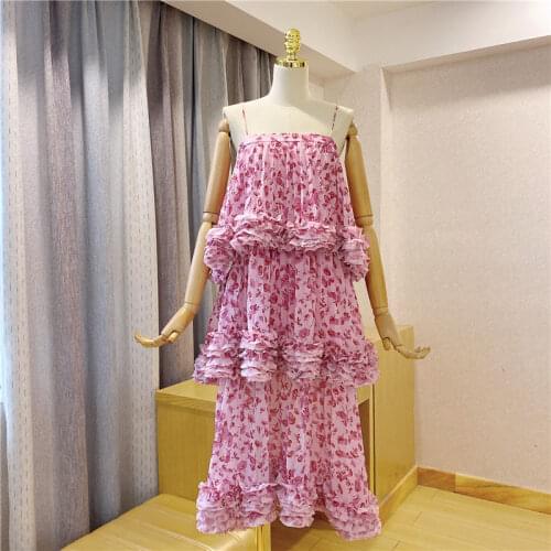 Korea Summer Dress New Fashion 2021 Women Sexy Spaghetti Strap Chiffon Floral Print Pleated Cascading Ruffles Casual long Dress