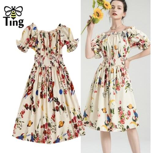 Tingfly Vintage Elegant Floral Print Slash Neckline Summer Casual Dress Women Elastic High Waist Ruched Knee Length Vestidos Za