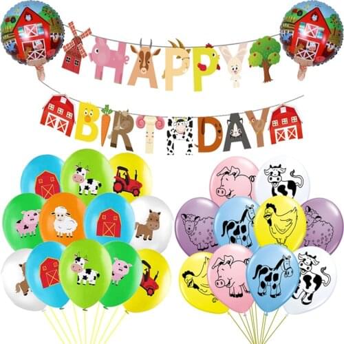 Zenon Farm Animals Cow Pig Horse Sheep Theme Kids Bunting Happy Birthday Decor Party Balloon Cartoon Baby Shower Party Supplies