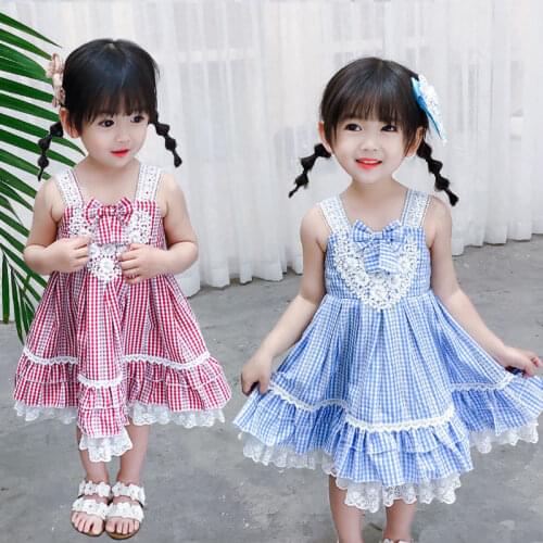 2021 Girls Summer Dress Fashion Lace Plaid Bow Loli Baby Kids Birthday Dresses Children Princess Clothes Outfits