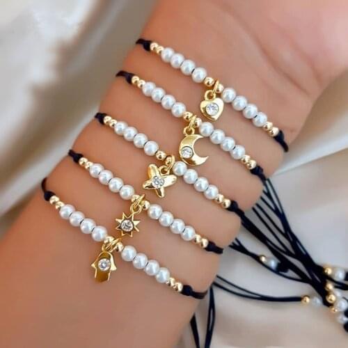 2021 Trendy Star Moon Women Bracelet Adjustable Imitation Pearls Rope Bead Bracelet Bracelet For Women Jewelry Gift