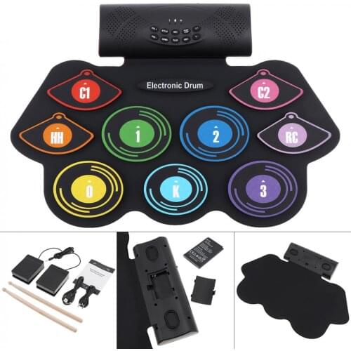 9 Pads Electronic Roll up Silicone Drum Double Speakers Stereo Electric Drum Kit Support USB with Drumsticks & Sustain Pedal