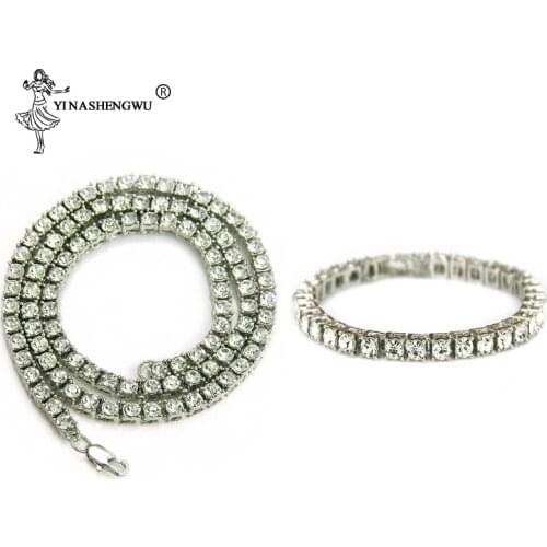 Hiphop Choker Bling Iced Out Rhinestone Chain Necklace For Men 5mm Width Silver Color Necklaces Bracelet Set 1 Row Tennis Chains