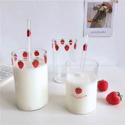 Kawaii Fruit Printed Glass Mug Cup Heat-Resistant with Straw Creative Transparent Water Cup Home Milk Beer Tea Whiskey New Cups