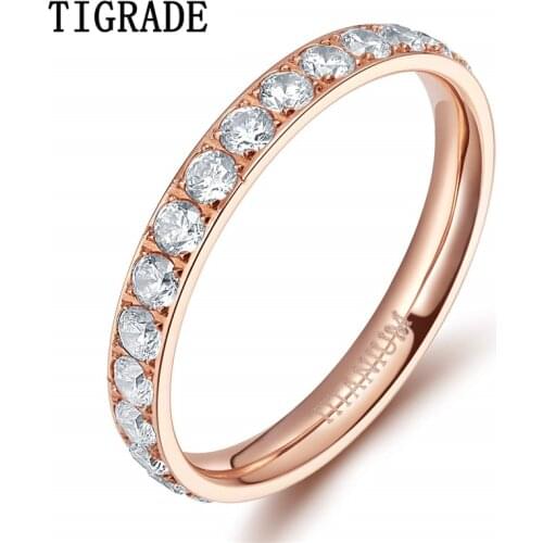TIGRADE Rose Gold Rings for Women Titanium 3mm Ring Cubic Zirconia Anniversary Engagement Wedding Band anillos mujer