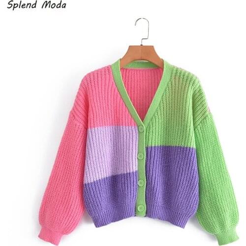 Korean Preppy Style Rainbow Striped Asymmetric Stitching Loose Knit V-Neck Jacket Sweater Women Autumn BF Cardigan Fashion