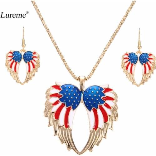 Lureme Retro American Flag Pattern Wing Necklace Pendant Dangle Earrings Jewelry Set for Women Girls (js000696)