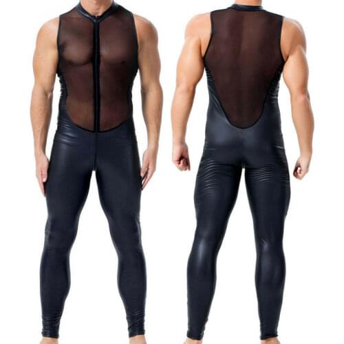 Mens Undershirts PU Leather WetLook See Through Vest Bodysuits Jumpsuit One-piece Leotard Stage Dancewear Long Pants Trousers
