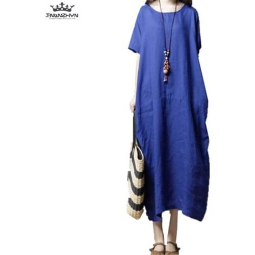 Tnlnzhyn 2019 New Summer Women Cotton linen Dress Women Casual Round neck Short sleeve linen Dress Solid Loose Dresses Y1176