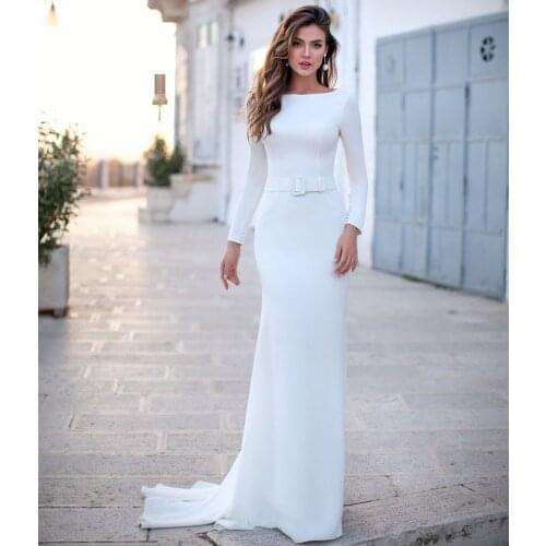New Arrival Bateau Wedding Dresses 2021 Long Sleeve Sweep Train Satin Backless Bride Dresses Wedding Gown Robe Vestido De Noiva