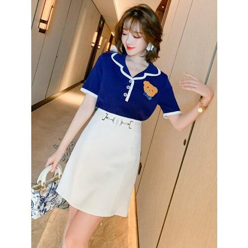 Bear the three-dimensional flocking edge lapel coat + A - Line of tall waist skirt suits the new female summer