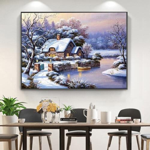 Landscape House Winter Snow Scenery DIY 11CT Cross Stitch Embroidery Kits Craft Needlework Set Printed Canvas Room
