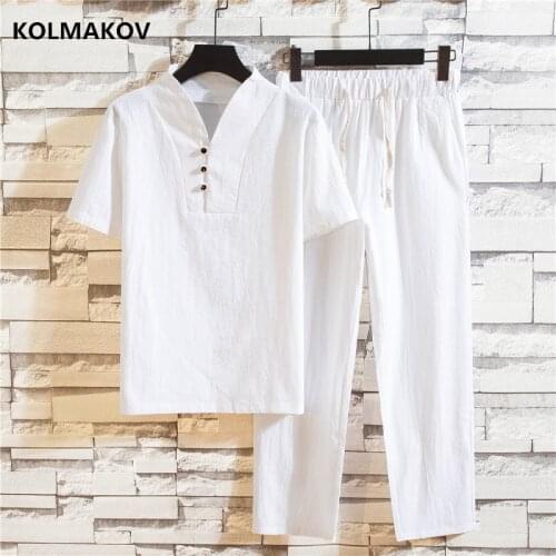 Shirt + trousers) 2021 summer fashion men shirt Man Cotton and linen shirts Short sleeve mens casual shirts men size M to 5XL