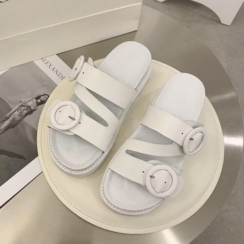 Llogai Fashion Slip-on Flat Sandals Summer Women Roman Style Open Toe Big Buckle Flat Heels Gladiator Shoes Ladies Summer Shoes