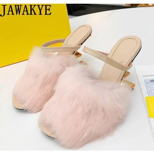 Fashion Strange High heel Slippers Womans Mules Hot sale Luxury Brand fur Slippers for Women Sexy Hairy Runway Party Shoes Muje