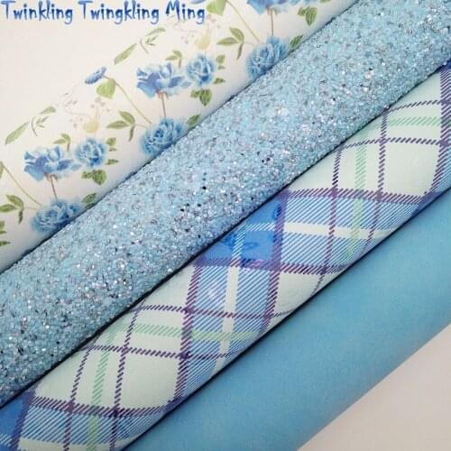 Blue Glitter leather, Flowers Tartan Printed synthetic leather, Faux Leather Sheets For Bow A4 21x29CM Twinkling Ming KM205