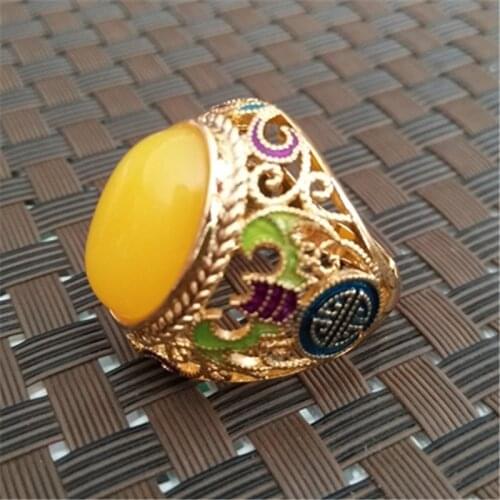 Vintage Yellow Amber Cloisonne Ring Beeswax Women Men Finger Rings