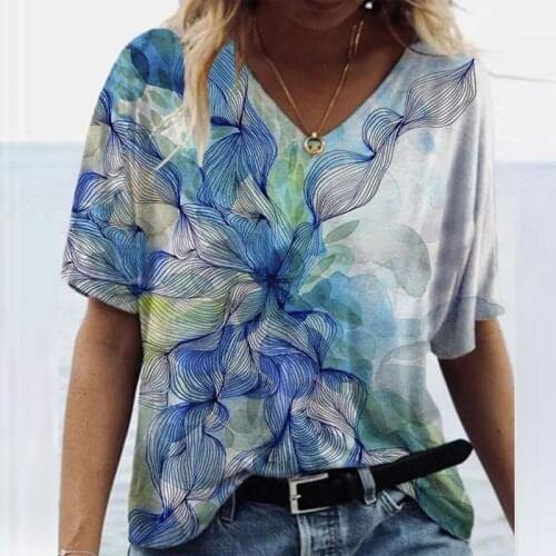 2021 New Pattern T Shirts Women Casual Short Sleeve V-Neck Loose Oversized Tee Fashion Plus Size Scenic Abstract Painting Tops