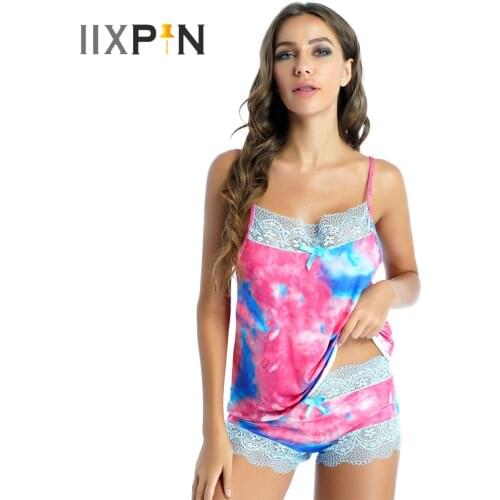 Womens Lace Patchwork Fashion Printed Adjustable Spaghetti Strap Tank Top With Elastic Waistband Bottom Sexy Sleepwear Outfits